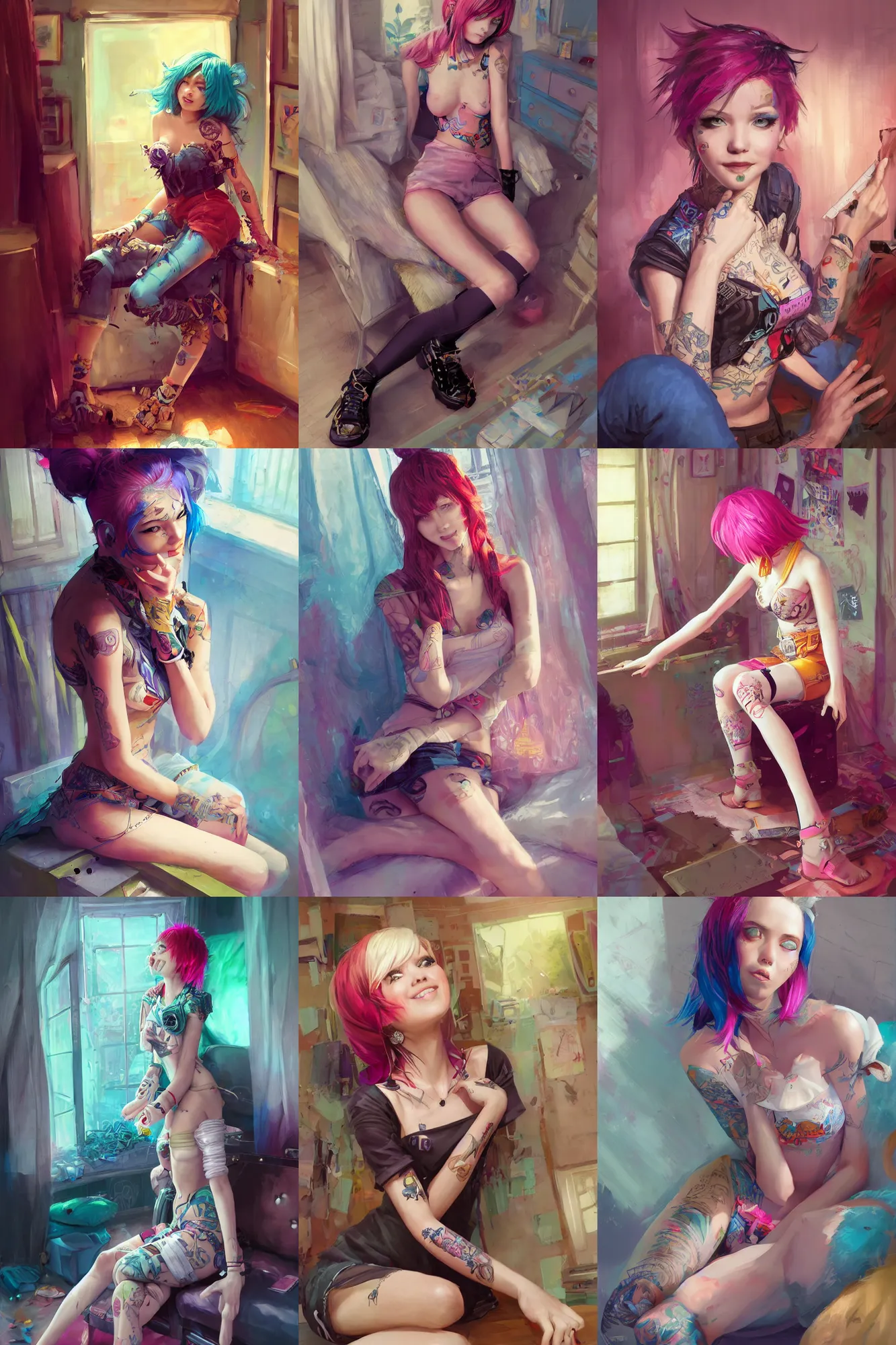 Prompt: a beautiful punk girl sitting in her bedroom | | cute - fine - subtle smile, colorful hair, face, pretty face, fine details by stanley artgerm lau, wlop, rossdraws, james jean, andrei riabovitchev, marc simonetti, and sakimichan, trending on artstation