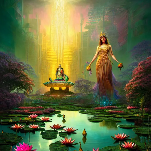 Prompt: Beautiful 3d render of the flower queen goddess near a pond full of lotus, atmospheric lighting, painted, intricate, volumetric lighting, beautiful, sharp focus, ultra detailed, in the art style of Dan Mumford and marc simonetti, with a clear crowded futuristic cyberpunk dubai city in the background, astrophotography