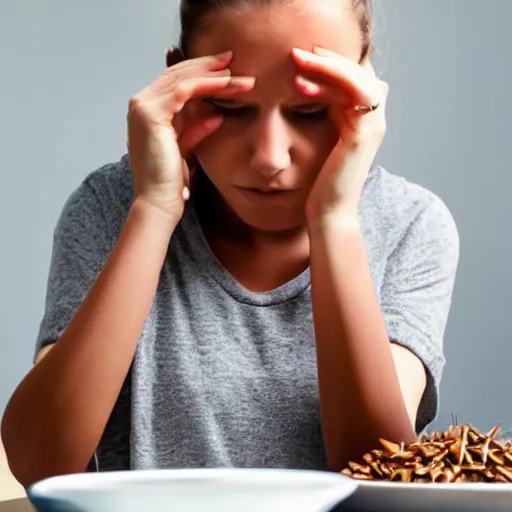 Prompt: a sad girl eating a bowl of cockroaches