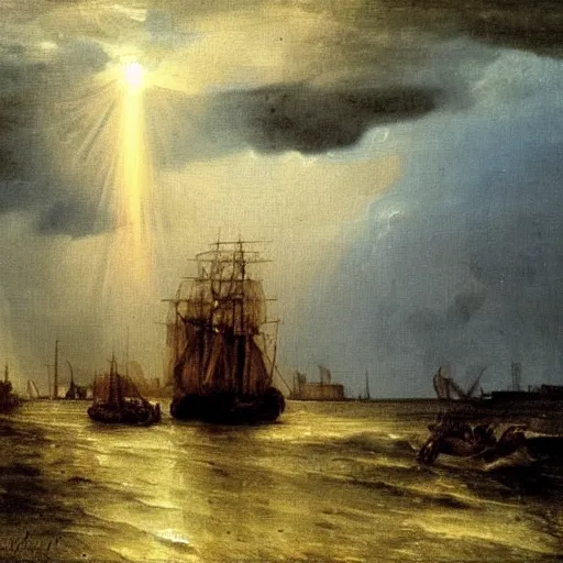 Image similar to oil painting of medieval harbour, storm clouds, sunrays, very very very very very beautiful bright art, american romanticism by goya