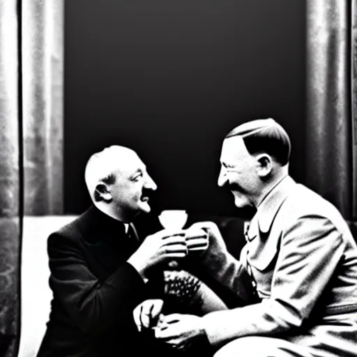 Image similar to a photo of hitler take tea with a muslim, photorealistic, realism, black and white