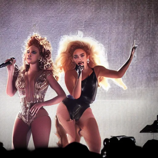 Image similar to Beyonce and Lady gaga giving a concert, EOS 5D, ISO100, f/8, 1/125, 84mm, RAW Dual Pixel, Dolby Vision, HDR, AP, Featured