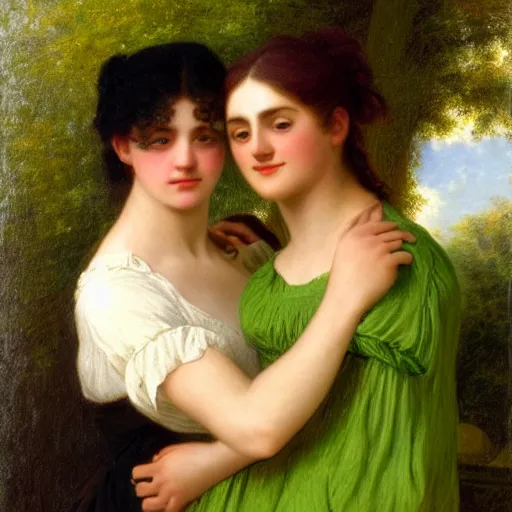 Image similar to young man in orange shirt and young woman in green dress with black hair hugging, by pierre - auguste cot