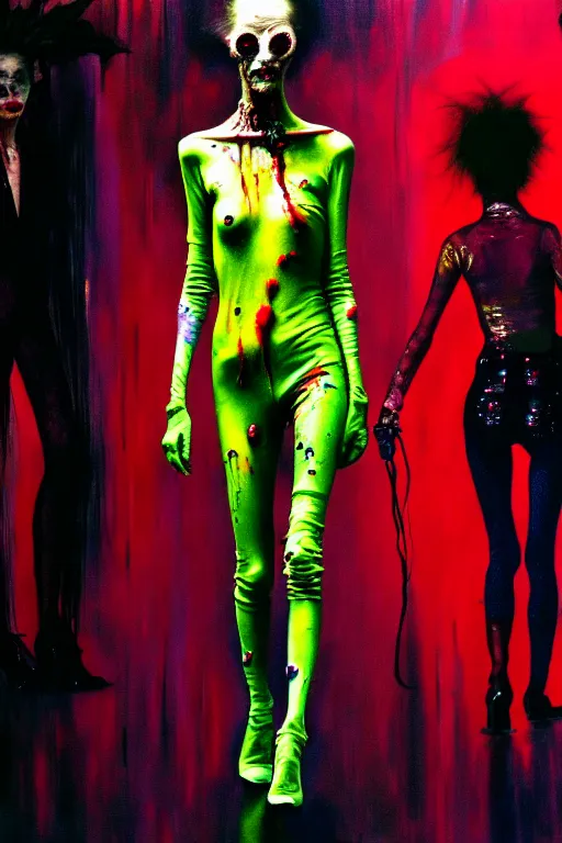 Image similar to crazy fashion catwalk, one model, crazy clothes, biopunk style, horror, clothes look like slime, hauntingly surreal, highly detailed painting by francis bacon, edward hopper, adrian ghenie, gerhard richter, and james jean soft light 4 k,