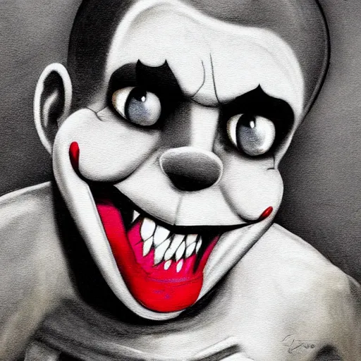 Image similar to grunge cartoon painting of kanye with a wide smile and a red balloon by chris leib, loony toons style, pennywise style, corpse bride style, horror theme, detailed, elegant, intricate