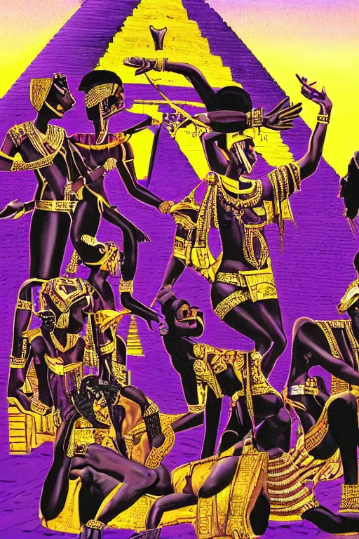 Prompt: A black Warrior Queen in purple surrounded by black panthers with Egyptian pyramids in the background