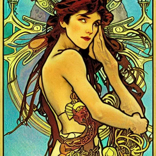 Image similar to Metroid by Alphonse Mucha, high detail, peaceful colors, tarot card