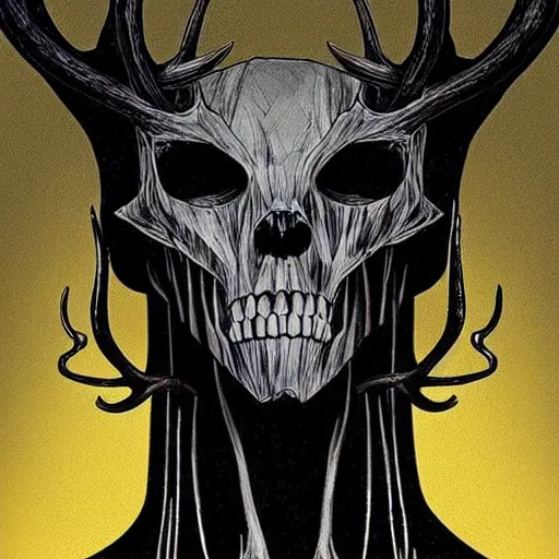 Prompt: Style Tim Jacobus and Rafael Albuquerque:: Wendigo with long antlers, deer face skeletal, symmetrical face, yellow eyes, fully detailed face:: attacking a woman in the woods:: night time, full mood, fog, realistic, scary, horror, full body