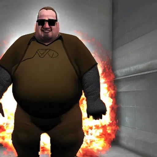 Image similar to the fat gabe newell finishing the debelop of the half life 3 game, ending the trilogy, photography