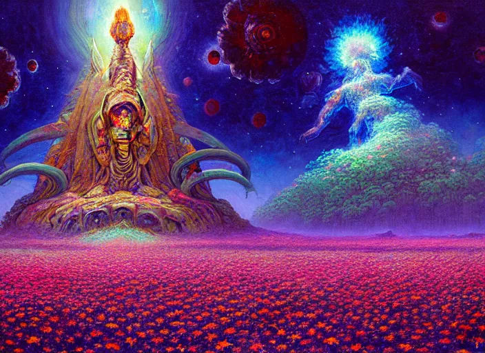 Image similar to a beautiful painting of a large alien shrine shrouded by mystic nebula magic in a field of flowers by moebius and android jones, oil on canvas sharp, details, hyper - detailed, hd, hdr, 4 k, 8 k