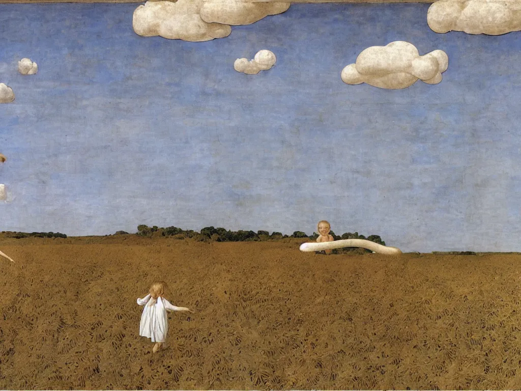 Prompt: Small child with a giant serpent in the dried sunflower field, forest, river, giant Brancusi sculpted rocks. Afternoon, cumulus clouds, wind. Painting by Piero della Francesca, Alex Colville