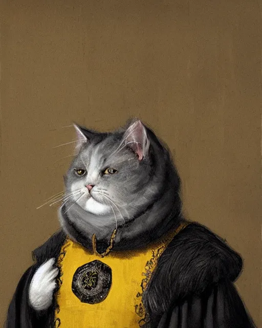 Prompt: fat gray cat with yellow eyes dressed like henry viii, tudor period menswear, greg rutkowski, royal portrait, painting