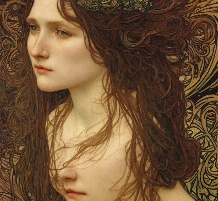 Image similar to detailed realistic beautiful young medieval queen face portrait by jean delville, alphonse mucha, vincent van gogh, and marco mazzoni, art nouveau, symbolist, visionary, gothic, pre - raphaelite