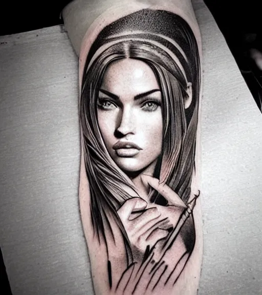 Image similar to double exposure effect tattoo design sketch of megan fox with beautiful mountain scenery, realism tattoo, in the style of matteo pasqualin, amazing detail, sharp