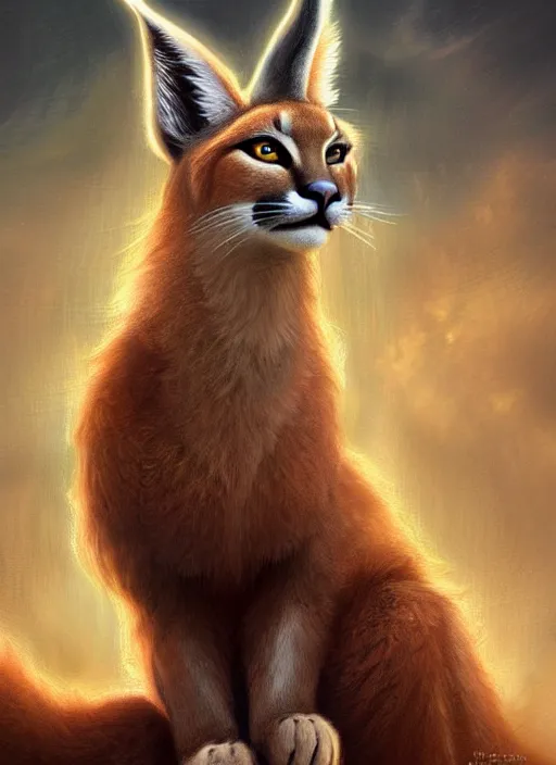 Image similar to cute fluffy caracal as apollo ancient greek god, details, fantasy, epic, ancient greek city, intricate, decadent, highly detailed, octane render, digital painting, artstation, concept art, sharp focus, illustration, art by artgerm, loish, wlop