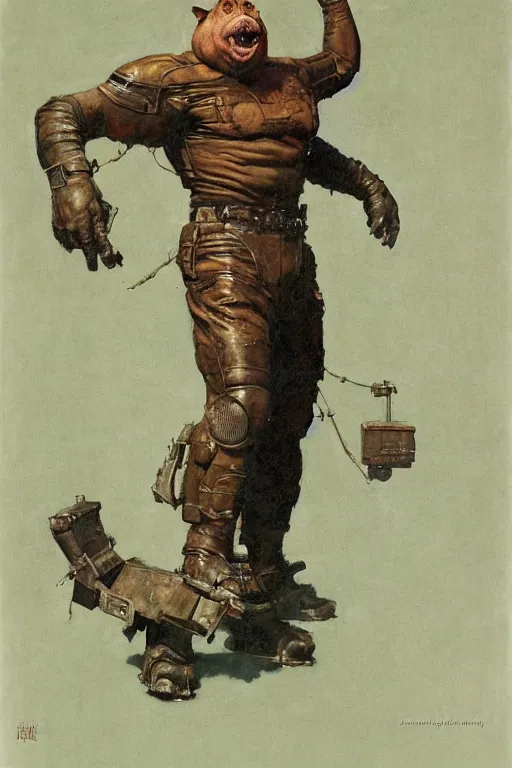 Prompt: full body portrait of huge bipedal pig, by norman rockwell, jack kirby, jon berkey, earle bergey, craig mullins, ruan jia, jeremy mann, tom lovell, marvel, astounding stories, 5 0 s pulp illustration, scifi, fantasy