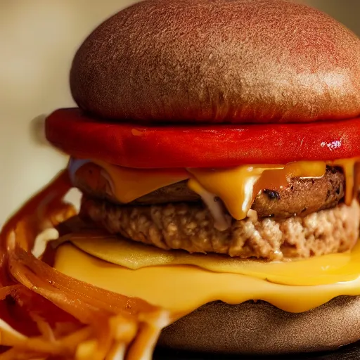 Image similar to hamburger made out of human flesh with cheese running down bun, hyper realistic, award winning food photography