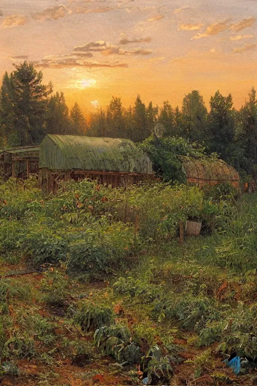 Image similar to greenhouse with harvest at sunrise painting by ivan shishkin