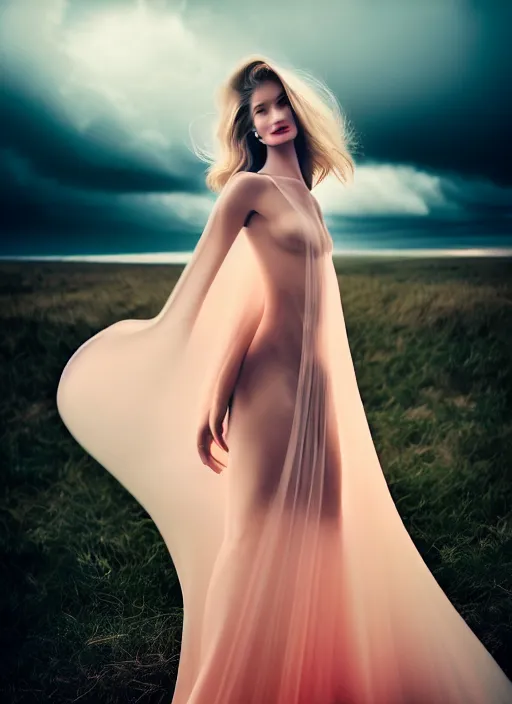 Prompt: portrait photography of a beautiful woman, in fine art photography style of Giovanni Gastel , rosie huntington whitely style 3/4 , natural color skin pointed in rose, hair stormy clouds, full body dressed with a ethereal transparent voile dress, elegrant, 8K, soft focus, melanchonic soft light, volumetric dramatic lighting, highly detailed Realistic, hyper Refined, Highly Detailed, natural point rose', outdoor soft lighting, soft dramatic lighting colors scheme, soft blur lighting, fine art fashion photography