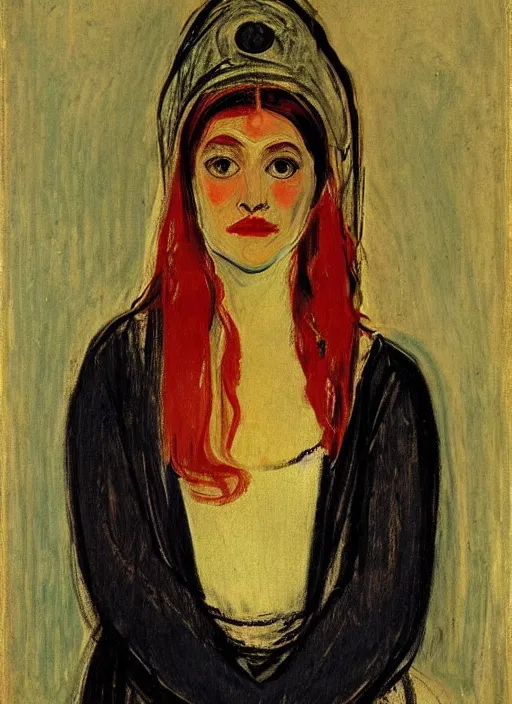 Image similar to portrait of young woman in renaissance dress and renaissance headdress, art by edvard munch