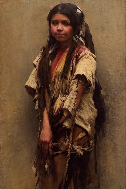 Image similar to Richard Schmid and Jeremy Lipking and Antonio Rotta full length portrait painting of a young beautiful traditonal american indian girl