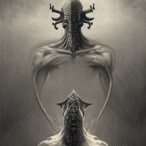 Prompt: squidward boss in style of God of war by zdzisław beksiński