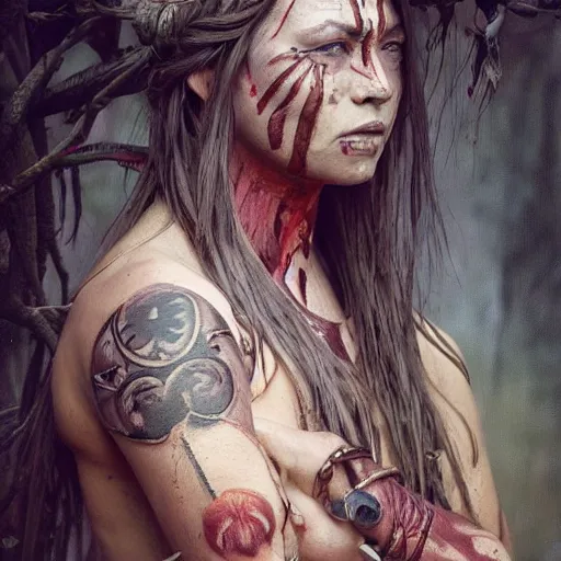 Image similar to portrait painting of a muscular bloodied tribal girl butcher, tattooed, symmetric, fat, ultra realistic, concept art, intricate details, eerie, highly detailed, photorealistic, octane render, 8 k, unreal engine. art by artgerm and greg rutkowski and alphonse mucha