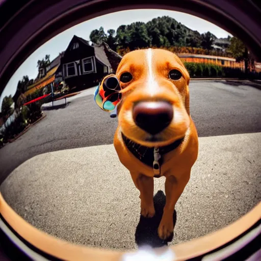 Image similar to fisheye lens photo of a dog wearing a fake moustache