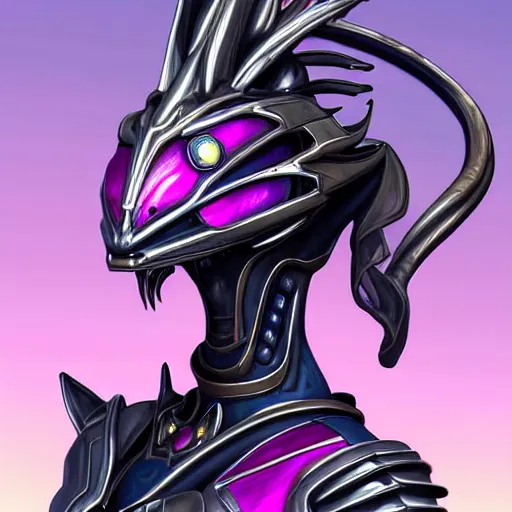 Image similar to extremely detailed bust shot of a goddess that's a giant beautiful stunning anthropomorphic robot female dragon, standing majestically over mountains, elegant pose, streamlined shiny silver metal armor, fuchsia skin below the armor, sharp metal claws, long elegant tail, detailed warframe fanart, high quality digital art, giantess art, furry art, warframe art, furaffinity, DeviantArt, 8k HD, octane render