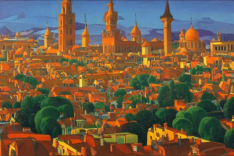 Image similar to view of the old city and its tree-lined winding streets still wet after a storm, tall windows lit up, beautiful ornamental architecture, dramatic cinematic lighting, rich colors, by Nicholas Roerich and ford madox brown and April Gornik and Sylvain Sarrailh and Ludwig Deutsch and Diego Rivera, featured on artstation