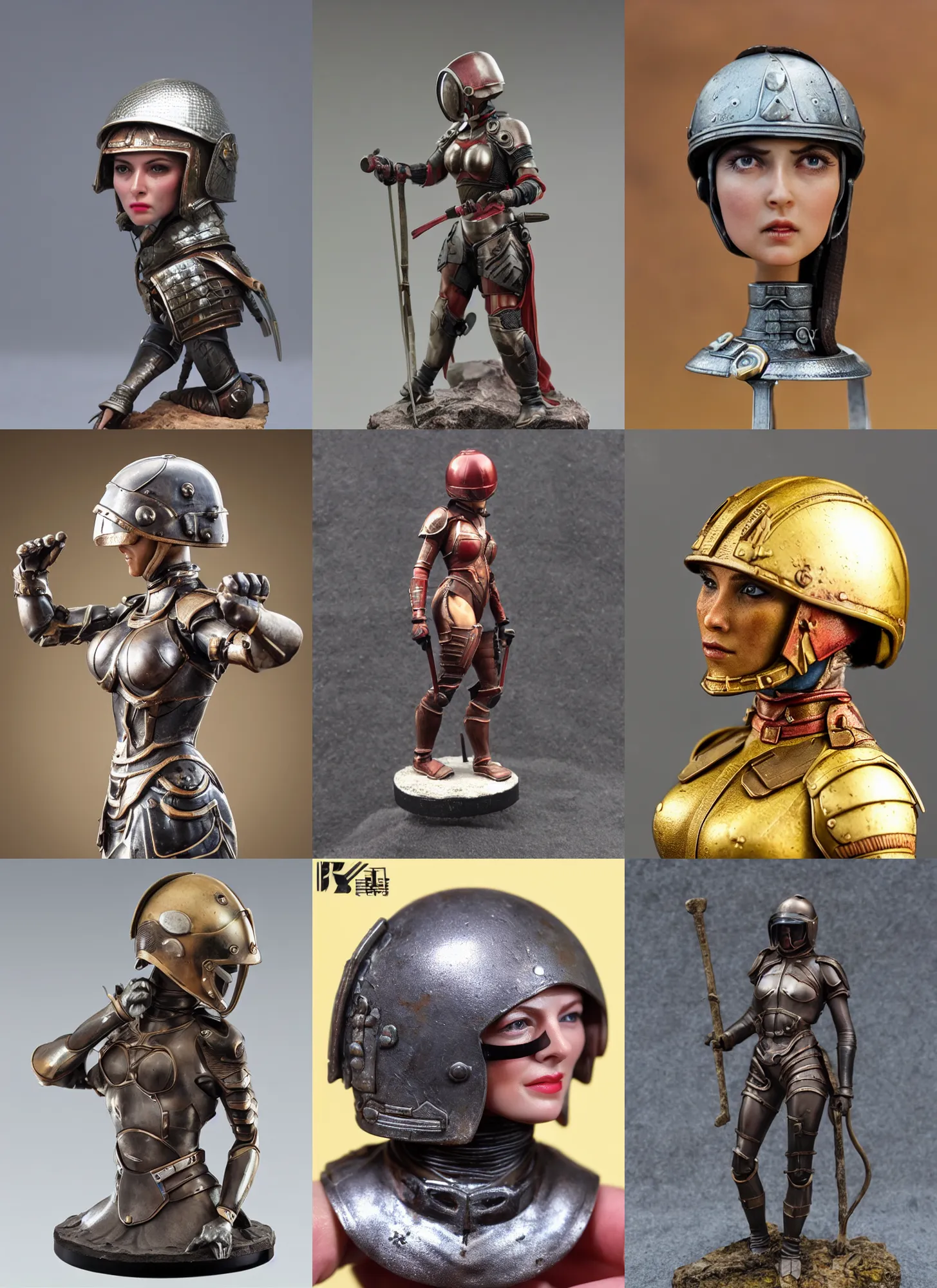 Prompt: 80mm resin detailed miniature of a helmeted muscular woman in full-face iron helmet, on textured disc base; Product Introduction Photos, 4K, Full body