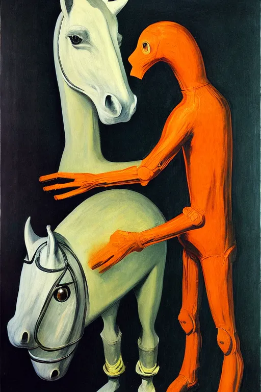 Image similar to man in horse costume, horse in costume astronaut, hauntingly surreal, highly detailed painting by francis bacon, edward hopper, adrian ghenie, gerhard richter, and james jean soft light 4 k,