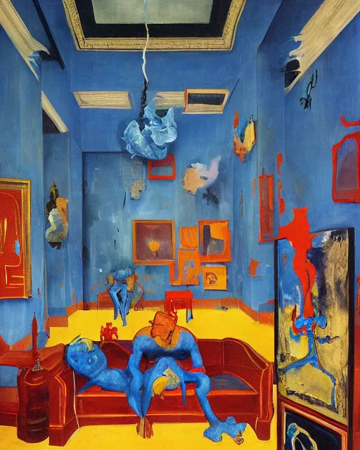 Prompt: blue people and a dark figure seated on a throne with clouds at red and yellow art deco interior room in the styleof Francis Bacon and Chaïm Soutine, open ceiling, highly detailed, painted by Francis Bacon and Edward Hopper, painted by James Gilleard, surrealism, airbrush, art by JamesJean