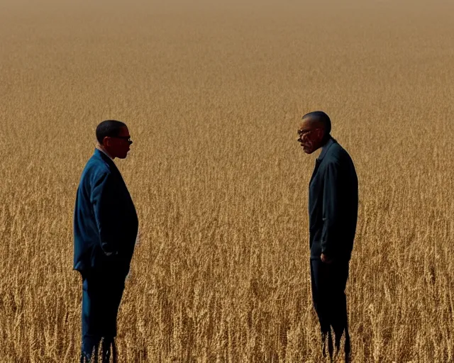 Image similar to extreme long shot of walter white and gustavo fring standing facing each other from a distance in a wheat field, low angle, side view, perfect angle, 8 5 mm photograph, 8 k resolution, wide shot, sharp lens, high detail, cinematic