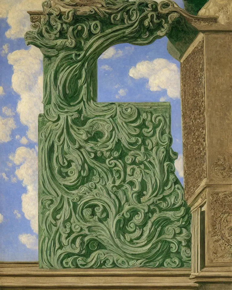 Image similar to roman achingly beautiful painting of intricate ancient roman corinthian capital on jade background by rene magritte, monet, and turner. giovanni battista piranesi.