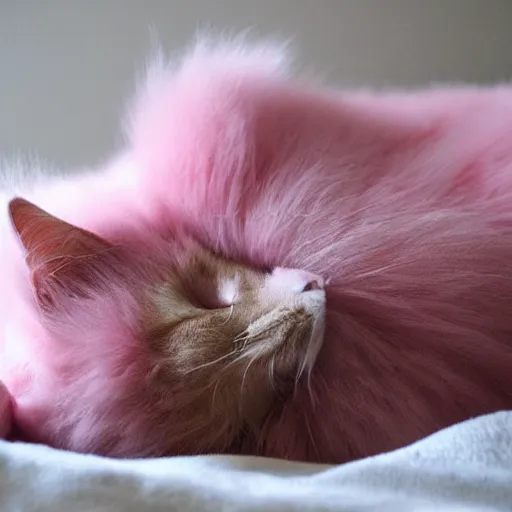 Image similar to pink furred cat sleeping in a fluffy bed