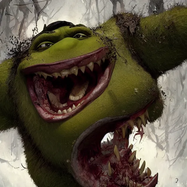 Image similar to monstrous shrek shrieking and gnashing his vicious teeth, art by greg rutkowski