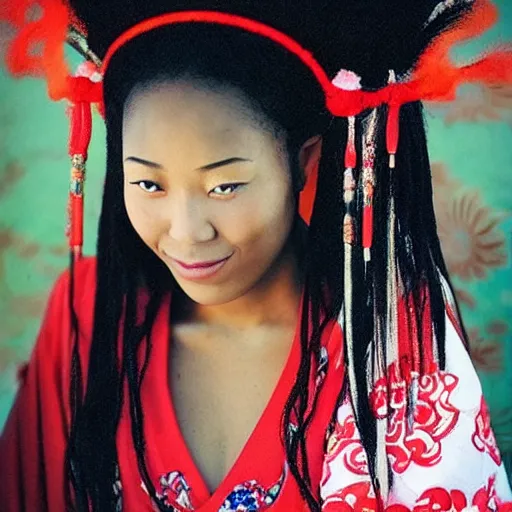 Image similar to “ afro - asian female shrine maiden. photograph. award winning. ”