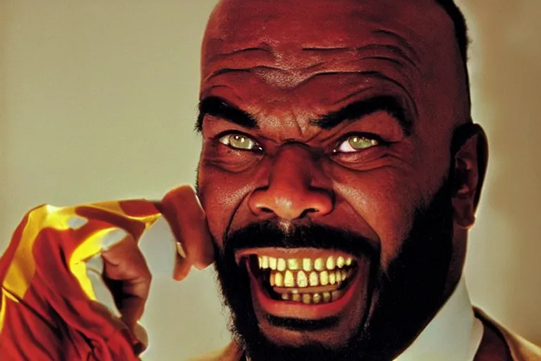 Image similar to mr. t as jack nicholson in the shining, dramatic lighting, horror