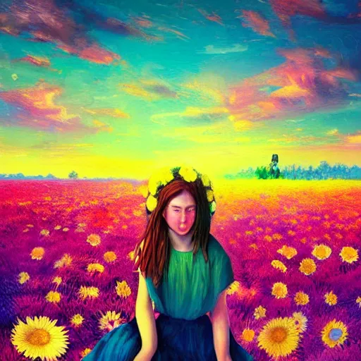 Image similar to giant daisy flower head, girl sitting in a flower field, surreal photography, sunrise, dramatic light, impressionist painting, colorful clouds, digital painting, artstation, simon stalenhag