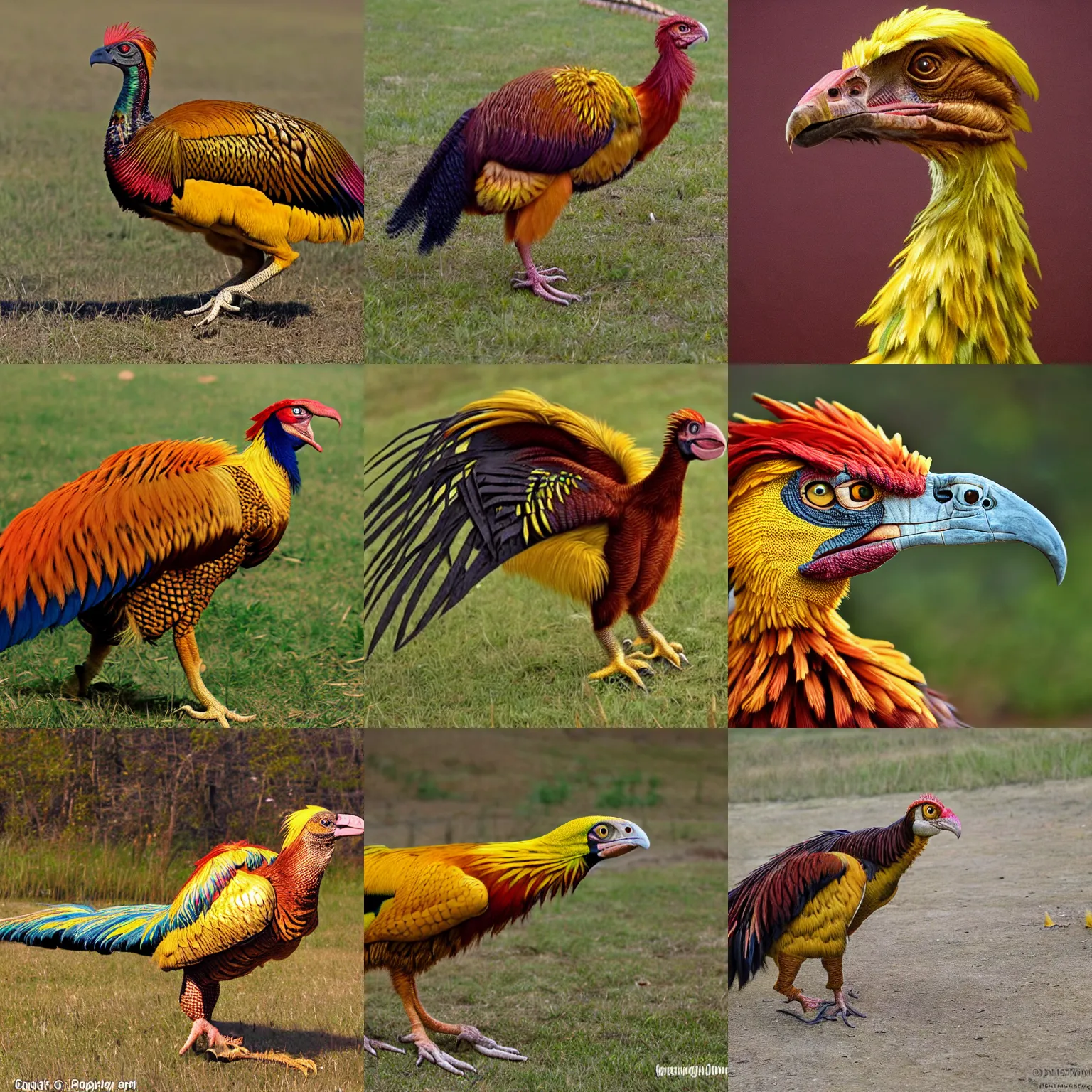 Prompt: a velociraptor that looks like a big golden pheasant .