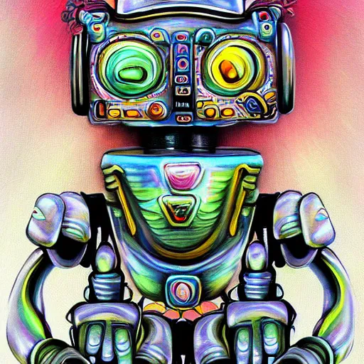 Prompt: robot gods, airbrush painting by in googy style, illustration, intricate detail, award winning work,