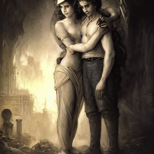 Prompt: tight hug between a couple, while they are watching TV, black and white color scheme, HD, in focus, Regal, Realistic, Refined, Detailed Digital Art, Josephine wall, Oil Painting, William-Adolphe Bouguereau, Art Frahm, Esao Andrews, Steampunk, Walt Disney (1937), Highly Detailed, Cinematic Lighting, Unreal Engine, 8k, HD