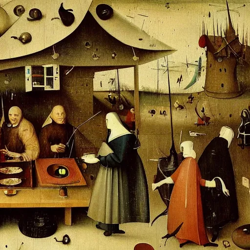 Image similar to inside a waffle makers house, angry, painting by hieronymus bosch,