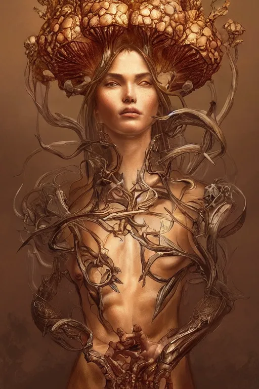 Prompt: Ultra realistic illustration portrait, a mutated mushroom human king, fantasy, intricate, elegant, highly detailed, digital painting, artstation, concept art, smooth, sharp focus, illustration, art by artgerm and greg rutkowski and alphonse mucha