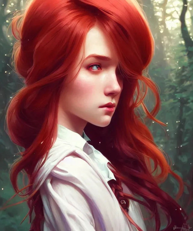 Image similar to side portrait cute female, magic school uniform, fantasy forest landscape, dnd fantasy magic, long red hair, cinematic rim light, intricate, elegant, highly detailed, digital painting, artstation, concept art, smooth, sharp focus, illustration, art by artgerm and greg rutkowski and alphonse mucha