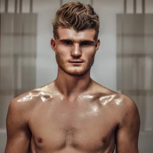 Image similar to a realistic detailed photo of a guy who is an attractive humanoid who is half robot and half humanoid, who is a male android, soccer player timo werner, shiny skin, posing like a statue, blank stare, in a living room, on display, showing off his muscles, gold soccer shorts