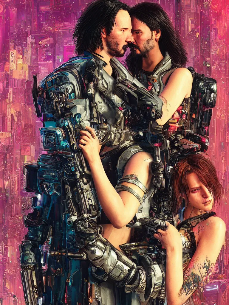 Prompt: a cyberpunk 2077 wedding couple portrait of Keanu Reeves and V kissed,love,film lighting,by Lawrence Alma-Tadema,Andrei Riabovitchev,Laurie Greasley,Dan Mumford, John Wick,Speed,Replicas,artstation,deviantart,FAN ART,full of color,Digital painting,face enhance,highly detailed,8K,octane,golden ratio,cinematic lighting