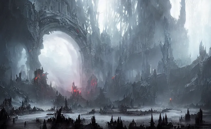 Image similar to a demonic magical ethereal portal!!! to hell. dark matte painting by ruan jia