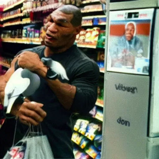 Prompt: CCTV footage of Mike Tyson boxing a Pigeon in a grocery store